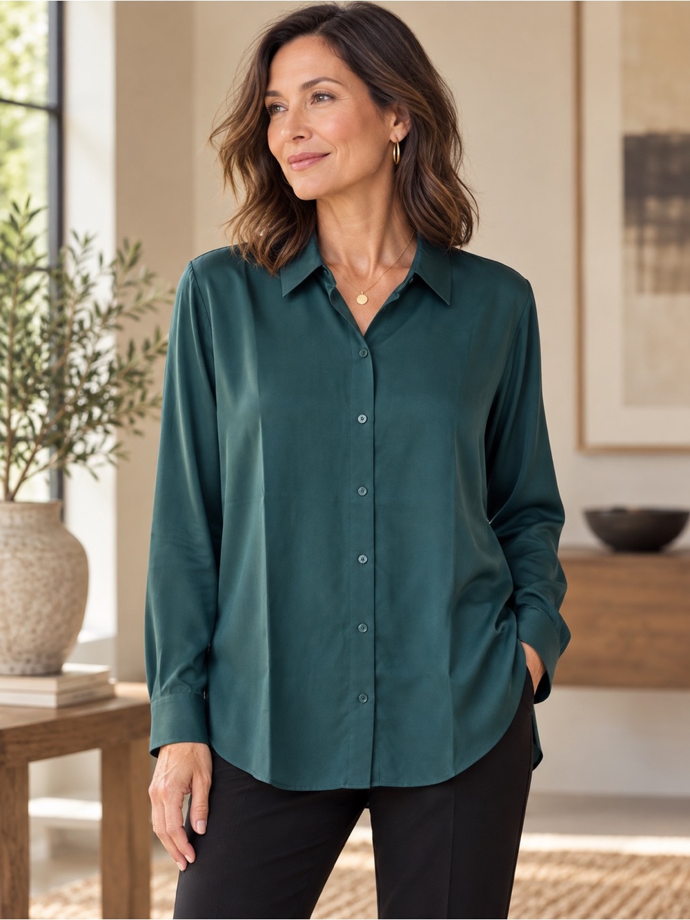 Eileen Fisher Deep Teal Green Button-Down 100% Silk Blouse Size XS
